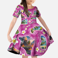 Hawaiian Island Shapes-Iconic Landscape Family Matching Off Shoulder Maxi Dress and Hawaiian Shirt with Plumeria and Palaka Pink Color LT03 Daughter's Dress Pink - Polynesian Pride