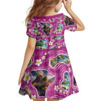 Hawaiian Island Shapes-Iconic Landscape Kid Short Sleeve Dress with Plumeria and Palaka Pink Color LT03 - Polynesian Pride