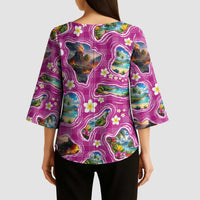 Hawaiian Island Shapes-Iconic Landscape Kimono Sleeve Blouse with Plumeria and Palaka Pink Color LT03 - Polynesian Pride