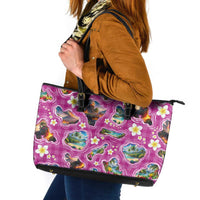 Hawaiian Island Shapes-Iconic Landscape Leather Tote Bag with Plumeria and Palaka Pink Color LT03 Pink - Polynesian Pride