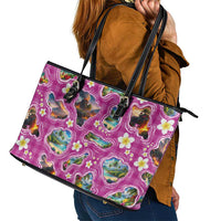 Hawaiian Island Shapes-Iconic Landscape Leather Tote Bag with Plumeria and Palaka Pink Color LT03 - Polynesian Pride