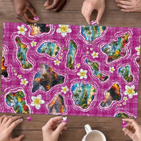 Hawaiian Island Shapes-Iconic Landscape Puzzle with Plumeria and Palaka Pink Color LT03 - Polynesian Pride