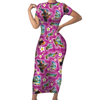 Hawaiian Island Shapes-Iconic Landscape Short Sleeve Bodycon Dress with Plumeria and Palaka Pink Color LT03 Long Dress Pink - Polynesian Pride