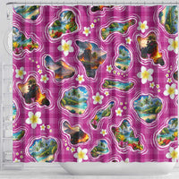Hawaiian Island Shapes-Iconic Landscape Shower Curtain with Plumeria and Palaka Pink Color LT03 - Polynesian Pride