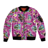 Hawaiian Island Shapes-Iconic Landscape Sleeve Zip Bomber Jacket with Plumeria and Palaka Pink Color LT03 Unisex Pink - Polynesian Pride