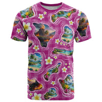 Hawaiian Island Shapes-Iconic Landscape T Shirt with Plumeria and Palaka Pink Color LT03 Pink - Polynesian Pride
