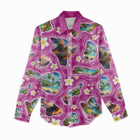 Hawaiian Island Shapes-Iconic Landscape Women Casual Shirt with Plumeria and Palaka Pink Color LT03 - Polynesian Pride