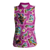 Hawaiian Island Shapes-Iconic Landscape Women Sleeveless Polo Shirt with Plumeria and Palaka Pink Color LT03 Female Pink - Polynesian Pride
