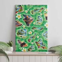 Hawaii Map with Plumeria Flower and Palaka Pattern Canvas Wall Art Tropical Island Green Design