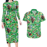 Hawaii Map with Plumeria Flower and Palaka Pattern Couples Matching Long Sleeve Bodycon Dress and Hawaiian Shirt Tropical Island Green Design LT03 Green - Polynesian Pride