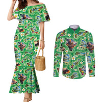 Hawaii Map with Plumeria Flower and Palaka Pattern Couples Matching Mermaid Dress and Long Sleeve Button Shirt Tropical Island Green Design LT03 Green - Polynesian Pride