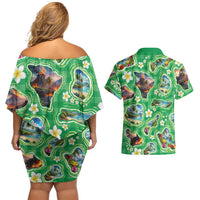 Hawaii Map with Plumeria Flower and Palaka Pattern Couples Matching Off Shoulder Short Dress and Hawaiian Shirt Tropical Island Green Design LT03 - Polynesian Pride