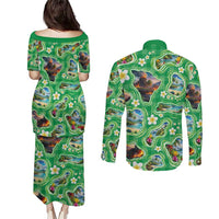 Hawaii Map with Plumeria Flower and Palaka Pattern Couples Matching Puletasi and Long Sleeve Button Shirt Tropical Island Green Design
