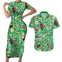 Hawaii Map with Plumeria Flower and Palaka Pattern Couples Matching Short Sleeve Bodycon Dress and Hawaiian Shirt Tropical Island Green Design LT03 Green - Polynesian Pride