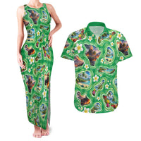Hawaii Map with Plumeria Flower and Palaka Pattern Couples Matching Tank Maxi Dress and Hawaiian Shirt Tropical Island Green Design LT03 Green - Polynesian Pride