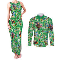 Hawaii Map with Plumeria Flower and Palaka Pattern Couples Matching Tank Maxi Dress and Long Sleeve Button Shirt Tropical Island Green Design LT03 Green - Polynesian Pride