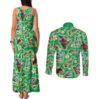 Hawaii Map with Plumeria Flower and Palaka Pattern Couples Matching Tank Maxi Dress and Long Sleeve Button Shirt Tropical Island Green Design LT03 - Polynesian Pride