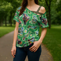 Hawaii Map with Plumeria Flower and Palaka Pattern Cross Shoulder Shirt Tropical Island Green Design