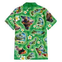 Hawaii Map with Plumeria Flower and Palaka Pattern Family Matching Long Sleeve Bodycon Dress and Hawaiian Shirt Tropical Island Green Design LT03 - Polynesian Pride