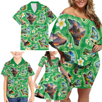Hawaii Map with Plumeria Flower and Palaka Pattern Family Matching Off Shoulder Short Dress and Hawaiian Shirt Tropical Island Green Design LT03 - Polynesian Pride
