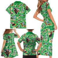 Hawaii Map with Plumeria Flower and Palaka Pattern Family Matching Short Sleeve Bodycon Dress and Hawaiian Shirt Tropical Island Green Design LT03 - Polynesian Pride