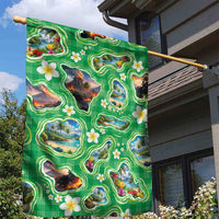 Hawaii Map with Plumeria Flower and Palaka Pattern Garden Flag Tropical Island Green Design