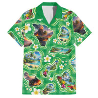 Hawaii Map with Plumeria Flower and Palaka Pattern Hawaiian Shirt Tropical Island Green Design