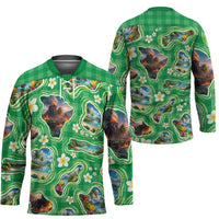 Hawaii Map with Plumeria Flower and Palaka Pattern Hockey Jersey Tropical Island Green Design