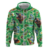 Hawaii Map with Plumeria Flower and Palaka Pattern Hoodie Tropical Island Green Design