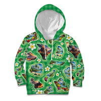 Hawaii Map with Plumeria Flower and Palaka Pattern Kid Hoodie Tropical Island Green Design
