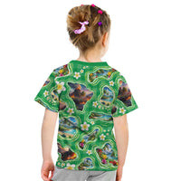 Hawaii Map with Plumeria Flower and Palaka Pattern Kid T Shirt Tropical Island Green Design