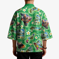 Hawaii Map with Plumeria Flower and Palaka Pattern Kimono Tropical Island Green Design