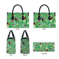 Hawaii Map with Plumeria Flower and Palaka Pattern Leather Bag Tropical Island Green Design