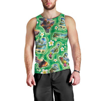 Hawaii Map with Plumeria Flower and Palaka Pattern Men Tank Top Tropical Island Green Design
