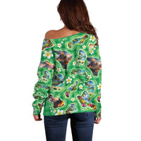 Hawaii Map with Plumeria Flower and Palaka Pattern Off Shoulder Sweater Tropical Island Green Design