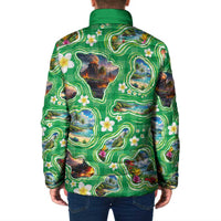 Hawaii Map with Plumeria Flower and Palaka Pattern Padded Jacket Tropical Island Green Design