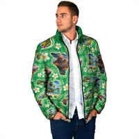 Hawaii Map with Plumeria Flower and Palaka Pattern Padded Jacket Tropical Island Green Design
