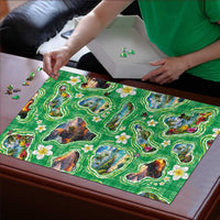 Hawaii Map with Plumeria Flower and Palaka Pattern Puzzle Tropical Island Green Design