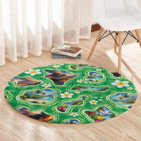 Hawaii Map with Plumeria Flower and Palaka Pattern Round Carpet Tropical Island Green Design