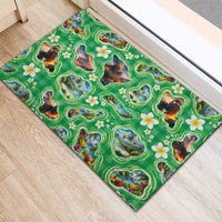 Hawaii Map with Plumeria Flower and Palaka Pattern Rubber Doormat Tropical Island Green Design