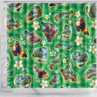 Hawaii Map with Plumeria Flower and Palaka Pattern Shower Curtain Tropical Island Green Design