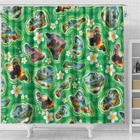 Hawaii Map with Plumeria Flower and Palaka Pattern Shower Curtain Tropical Island Green Design