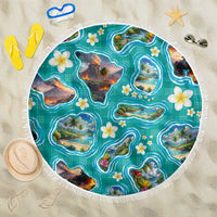 Hawaii Map with Plumeria Flower and Palaka Pattern Beach Blanket Tropical Island Teal Design