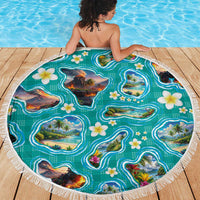 Hawaii Map with Plumeria Flower and Palaka Pattern Beach Blanket Tropical Island Teal Design