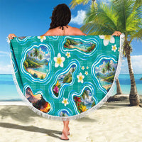 Hawaii Map with Plumeria Flower and Palaka Pattern Beach Blanket Tropical Island Teal Design