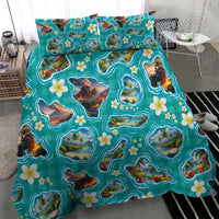 Hawaii Map with Plumeria Flower and Palaka Pattern Bedding Set Tropical Island Teal Design