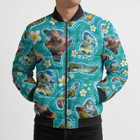 Hawaii Map with Plumeria Flower and Palaka Pattern Bomber Puffer Jacket Tropical Island Teal Design