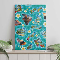 Hawaii Map with Plumeria Flower and Palaka Pattern Canvas Wall Art Tropical Island Teal Design