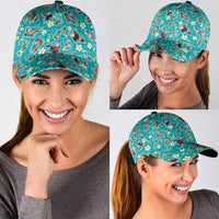 Hawaii Map with Plumeria Flower and Palaka Pattern Classic Cap Tropical Island Teal Design