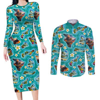 Hawaii Map with Plumeria Flower and Palaka Pattern Couples Matching Long Sleeve Bodycon Dress and Long Sleeve Button Shirt Tropical Island Teal Design LT03 Teal - Polynesian Pride